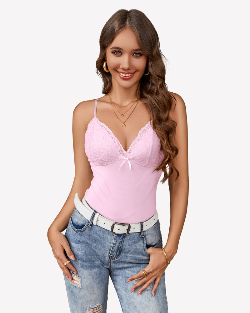 Pink Y2k cami top with lace detail and jeans, stylish casual wear, Y2k bralette