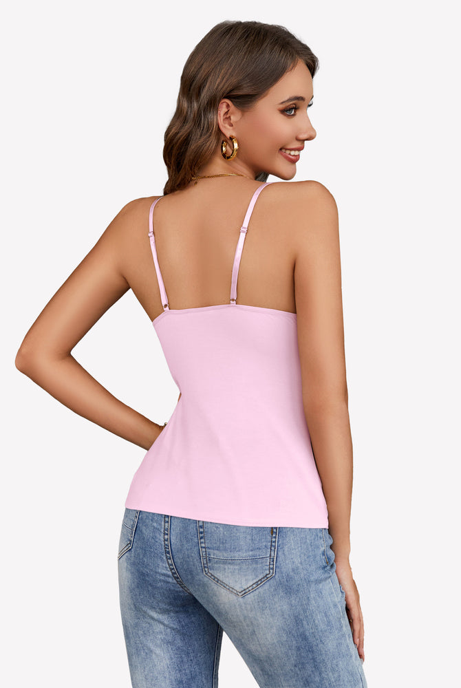 Light pink Y2k cami tank top with spaghetti straps, paired with blue jeans, casual wear bralette.
