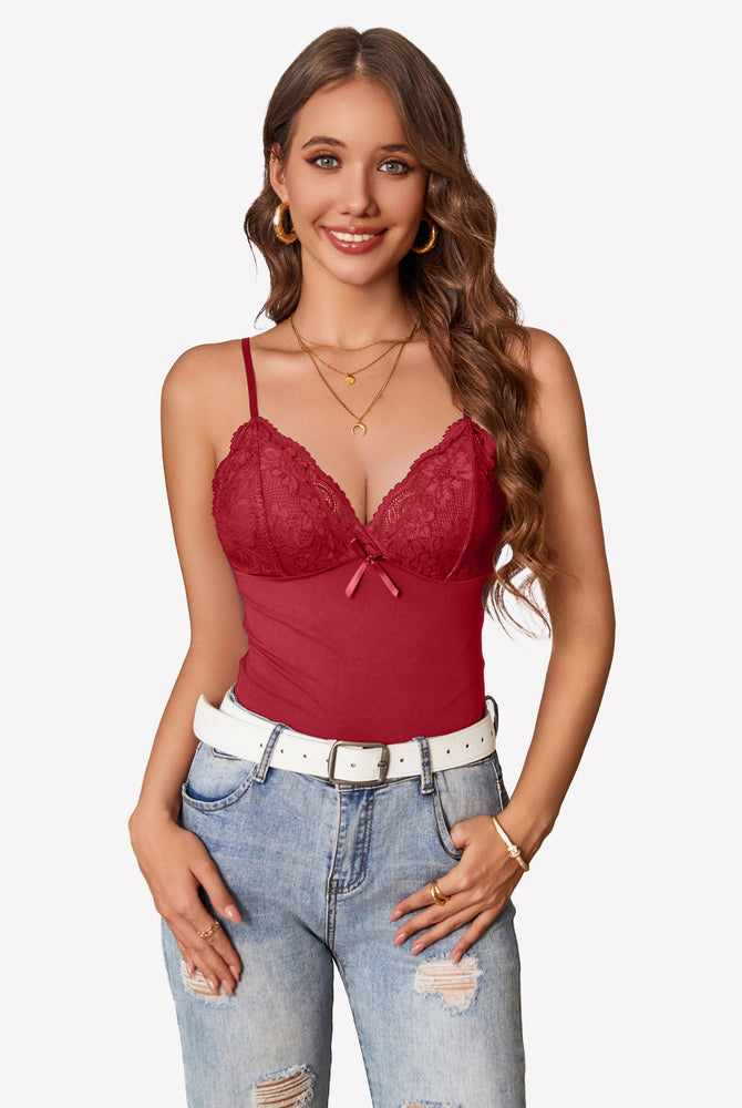 Red lace cami top, Y2k bralette with spaghetti straps, white belt and jeans, casual wear.