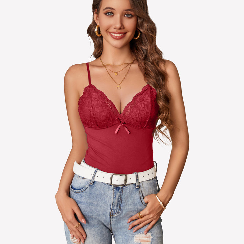 Red lace cami top, Y2k bralette with spaghetti straps, white belt and jeans, casual wear.