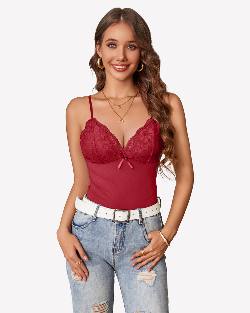 Red lace cami top, Y2k bralette with spaghetti straps, white belt and jeans, casual wear.