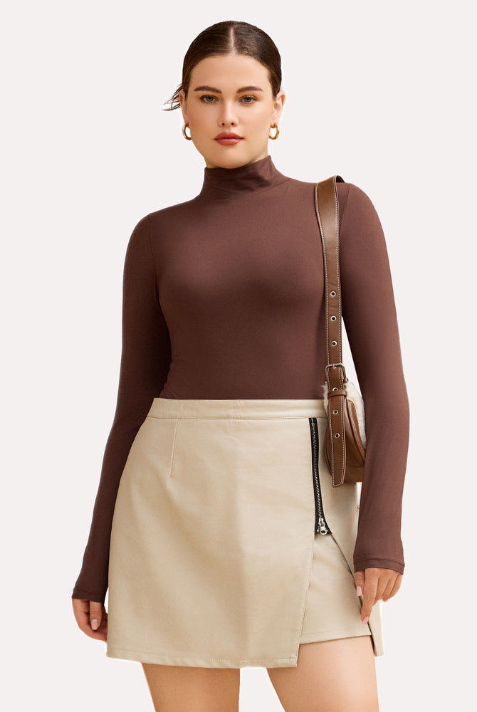 Brown high neck bodysuit shapewear with a beige skirt, flattering silhouette, and a stylish outfit.