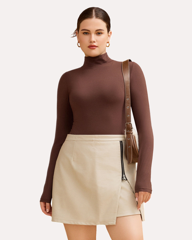 Brown high neck bodysuit shapewear with a beige skirt, flattering silhouette, and a stylish outfit.