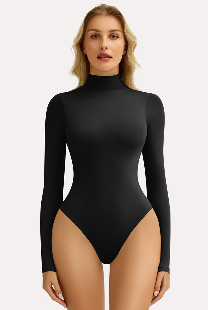 Black high-neck long sleeve bodysuit shapewear, providing a smooth and flattering silhouette.