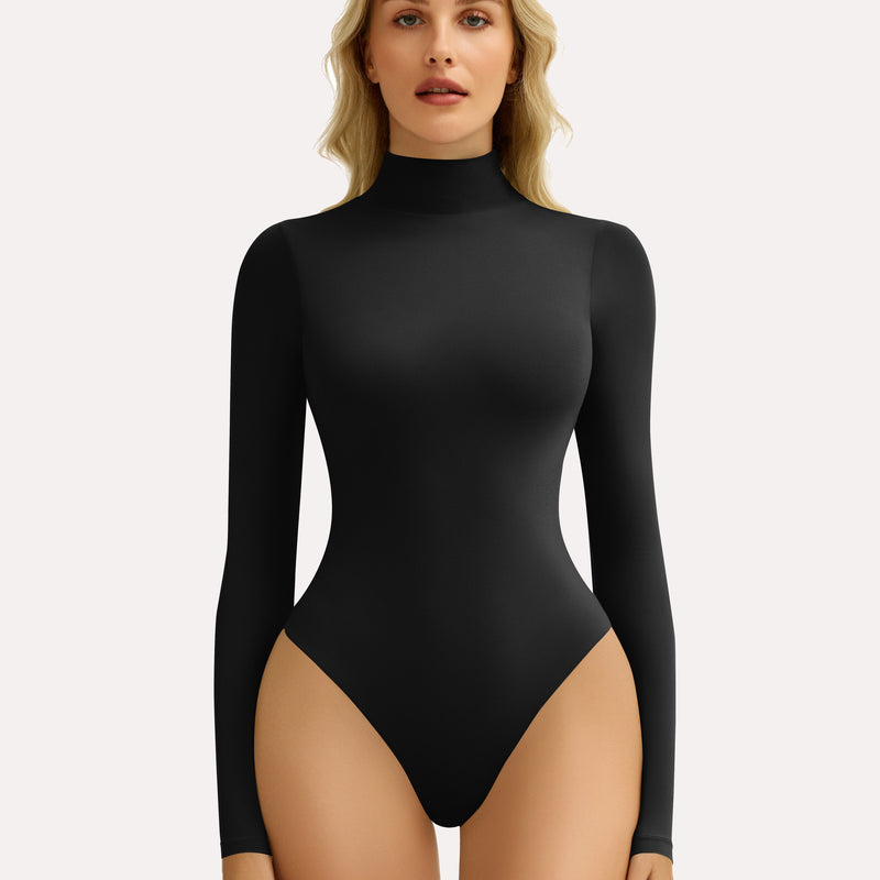 Black high-neck long sleeve bodysuit shapewear, providing a smooth and flattering silhouette.