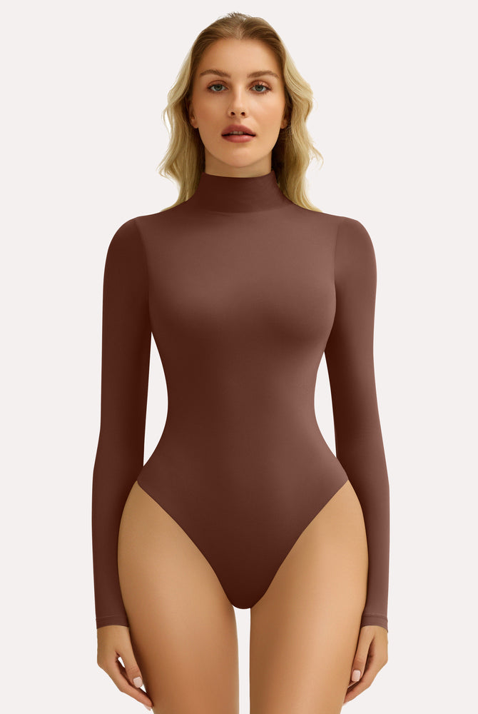 Brown high-neck bodysuit shapewear with long sleeves, providing a smooth and flattering silhouette.