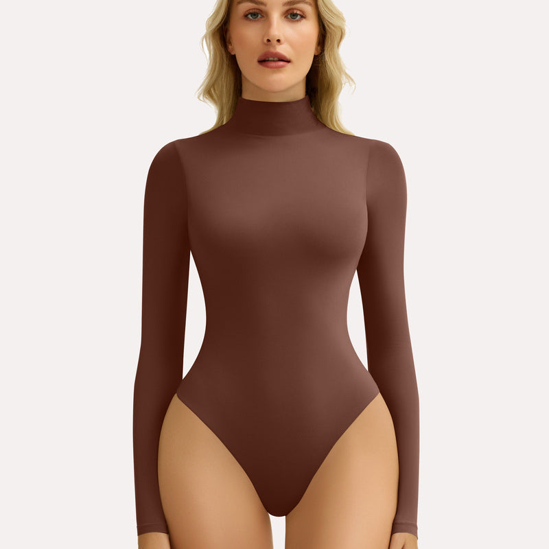 Brown high-neck bodysuit shapewear with long sleeves, providing a smooth and flattering silhouette.