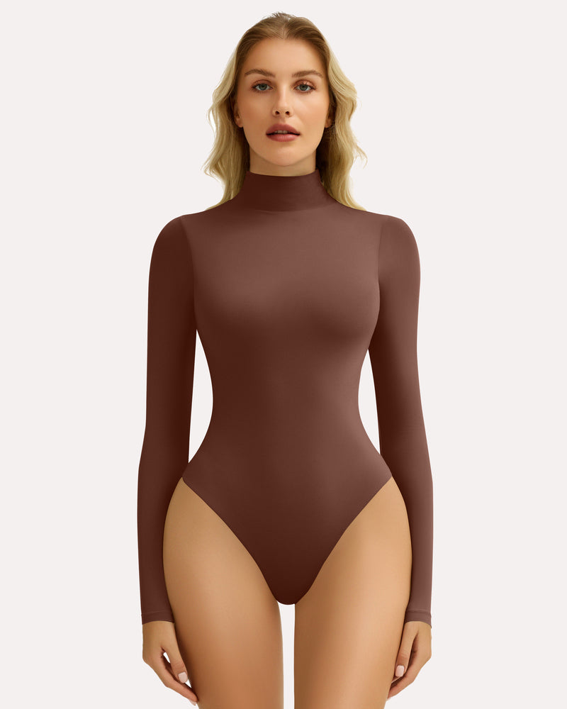 Brown high-neck bodysuit shapewear with long sleeves, providing a smooth and flattering silhouette.