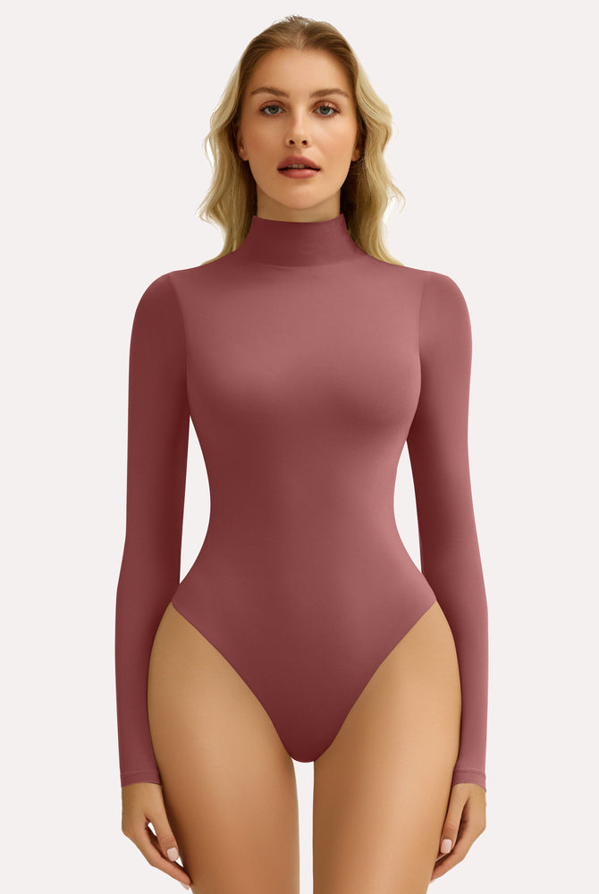 Reddish-brown high-neck long sleeve shapewear bodysuit, flattering silhouette, for any style.