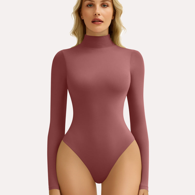Reddish-brown high-neck long sleeve shapewear bodysuit, flattering silhouette, for any style.