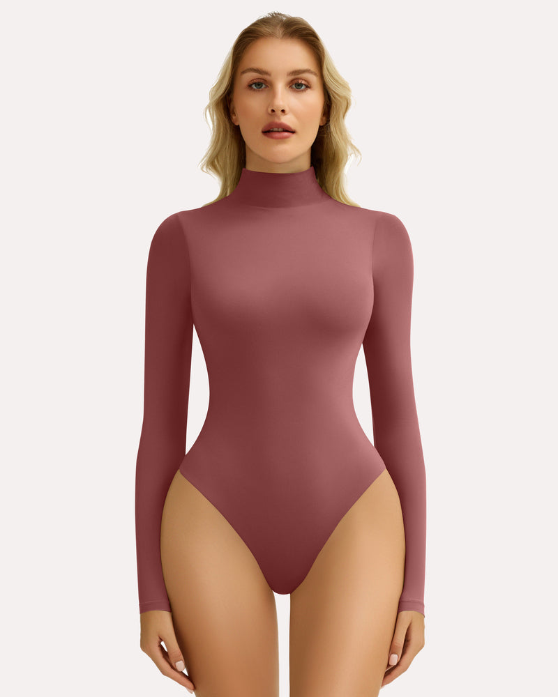 Reddish-brown high-neck long sleeve shapewear bodysuit, flattering silhouette, for any style.
