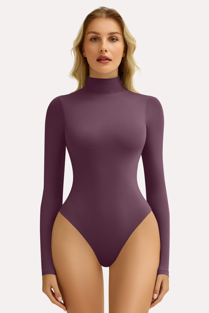 Plum high-neck long sleeve bodysuit shapewear for women, smooth flattering silhouette.