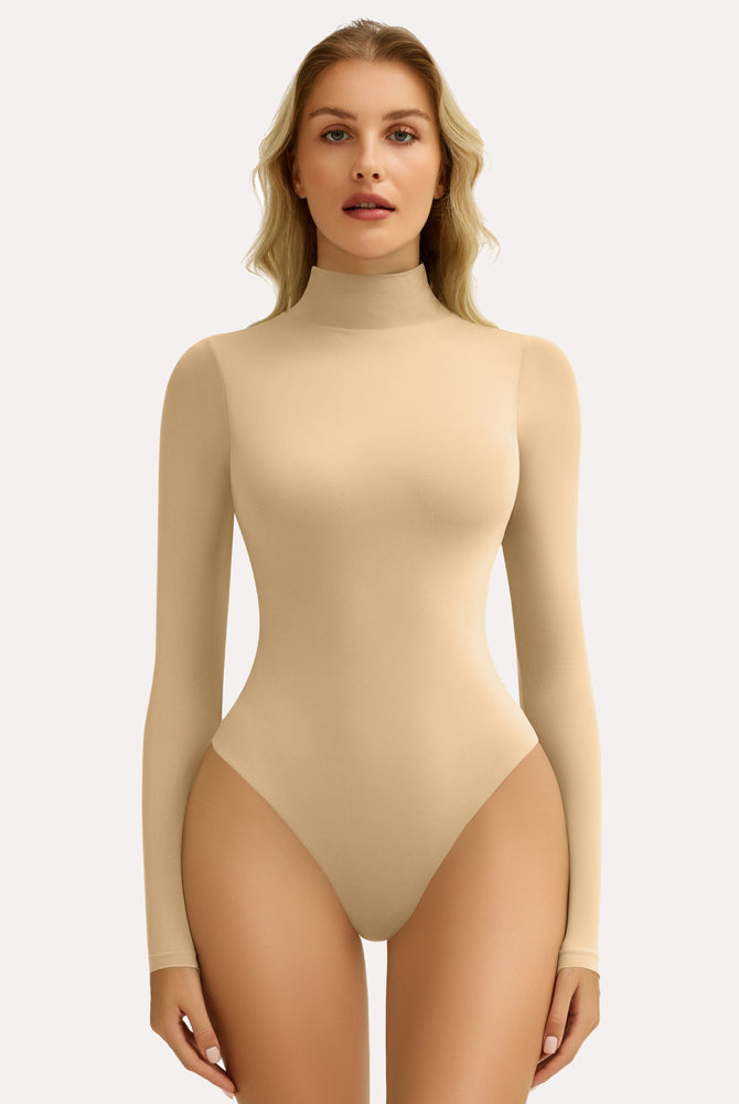 Beige high-neck long sleeve shapewear bodysuit with snap closure, smooth fit.