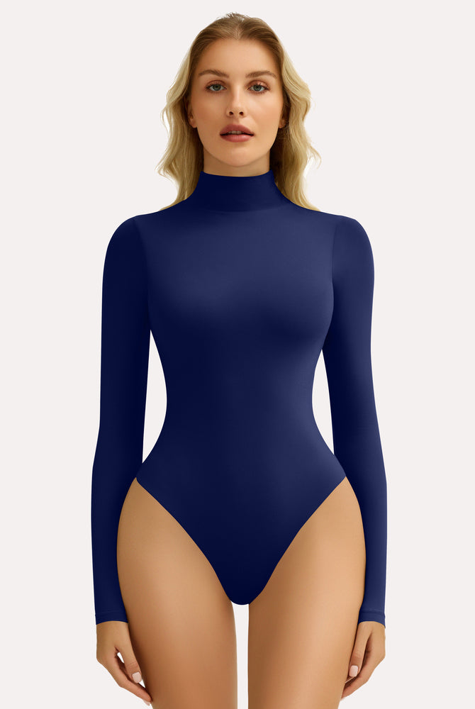 Navy blue high-neck long sleeve bodysuit shapewear. Smooth, flattering silhouette.