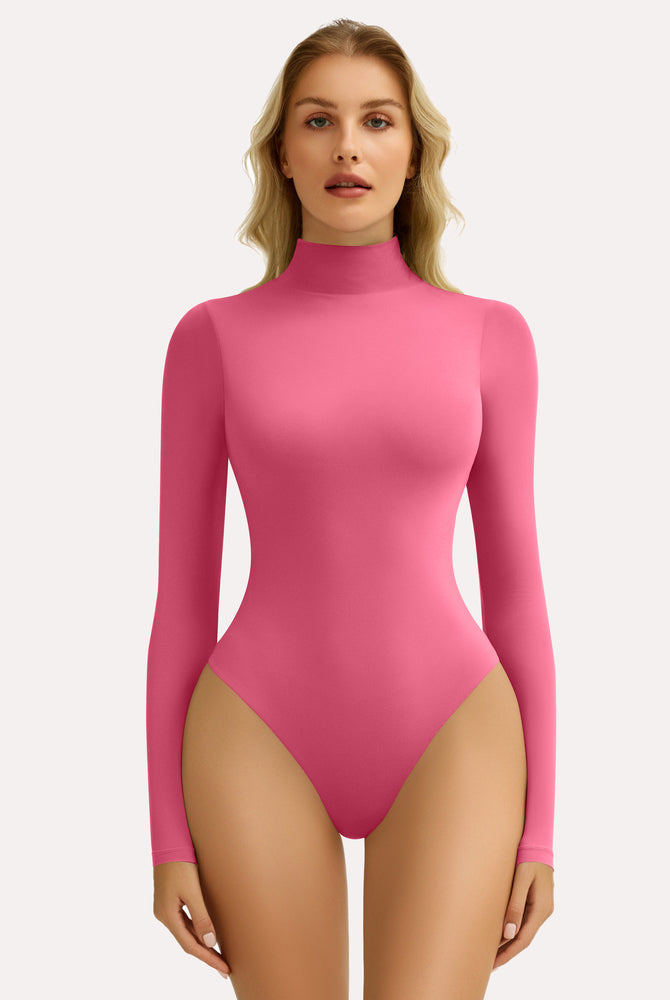 Pink high-neck long sleeve bodysuit shapewear for women. Flattering fit, smooth silhouette.