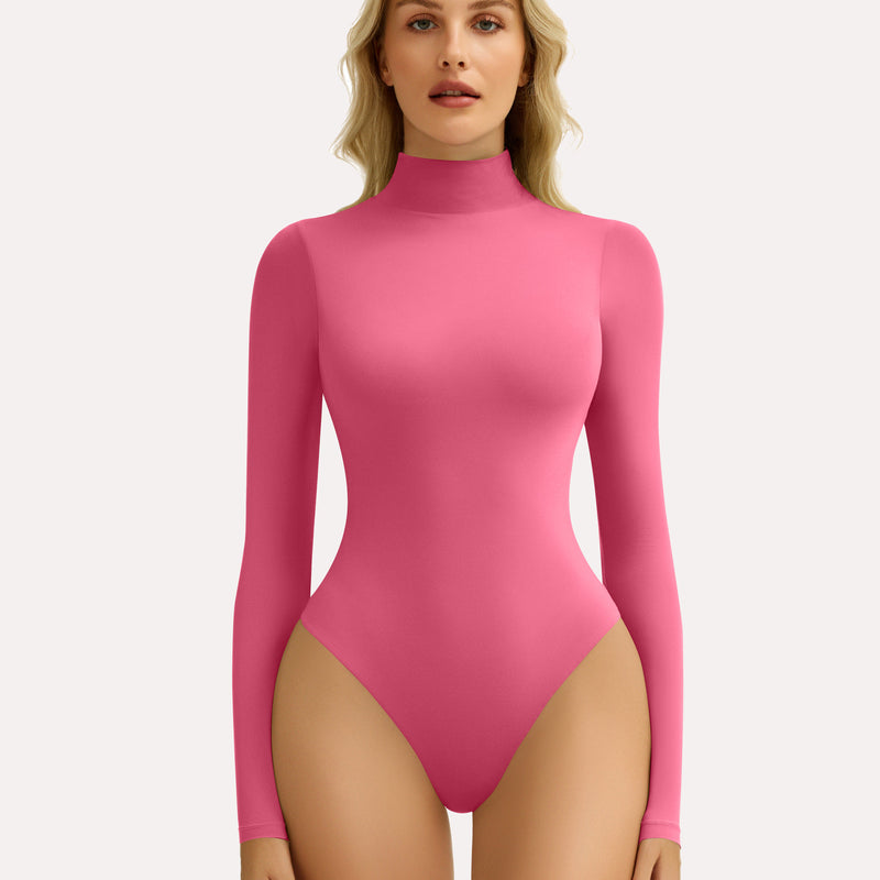 Pink high-neck long sleeve bodysuit shapewear for women. Flattering fit, smooth silhouette.