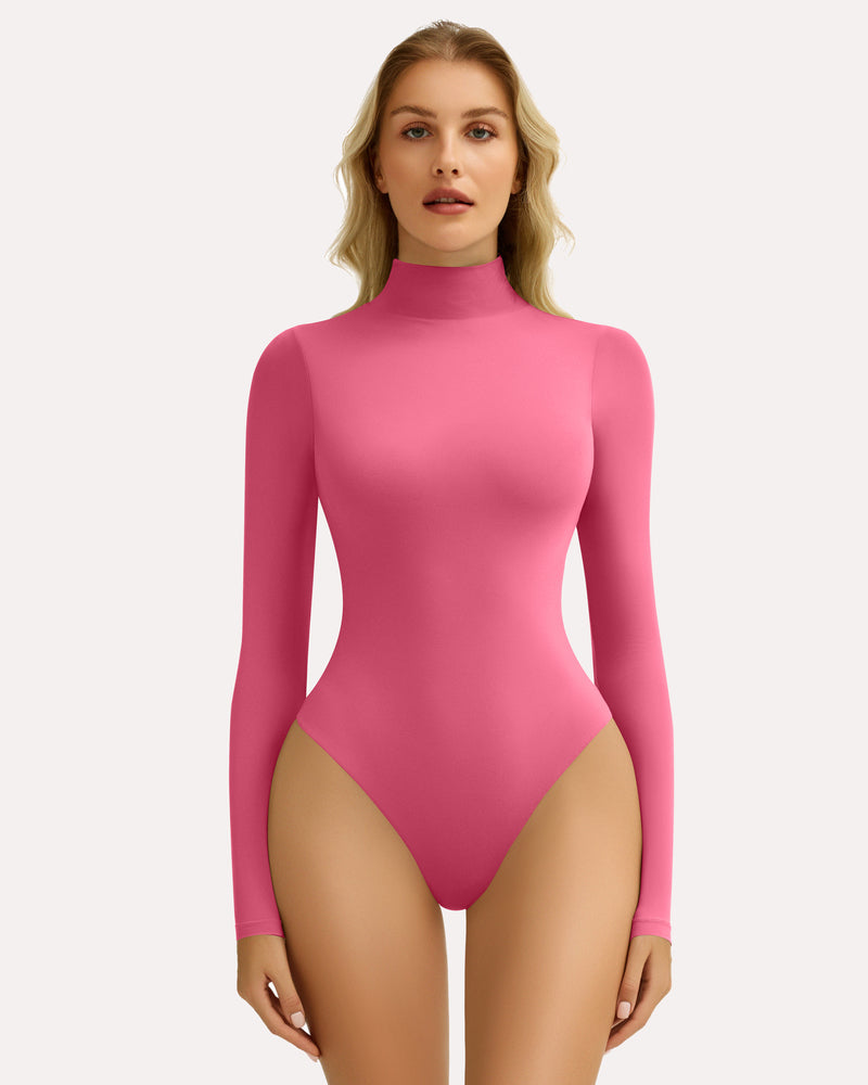 Pink high-neck long sleeve bodysuit shapewear for women. Flattering fit, smooth silhouette.