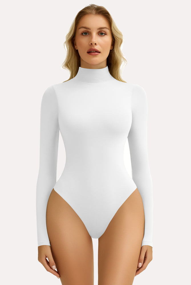 White high-neck long sleeve bodysuit shapewear for women. Smooth fit, flattering silhouette.