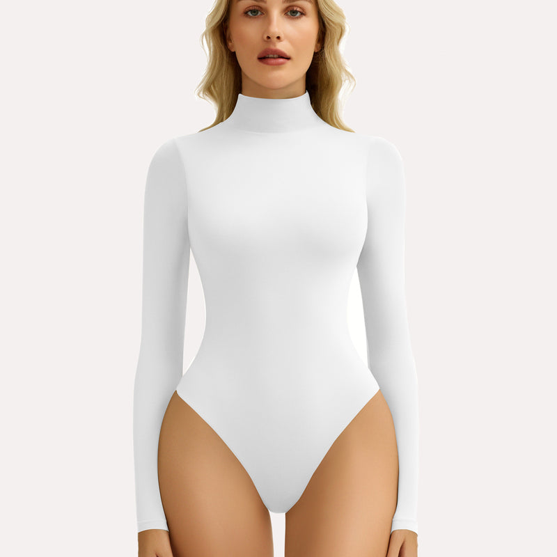 White high-neck long sleeve bodysuit shapewear for women. Smooth fit, flattering silhouette.