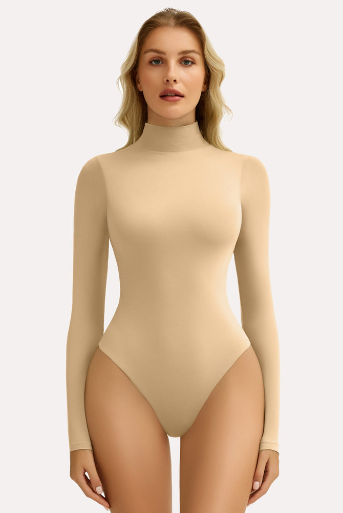 Nude high-neck long sleeve bodysuit shapewear. Smooth, flattering fit