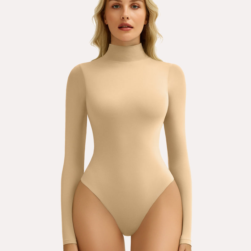 Nude high-neck long sleeve bodysuit shapewear. Smooth, flattering fit