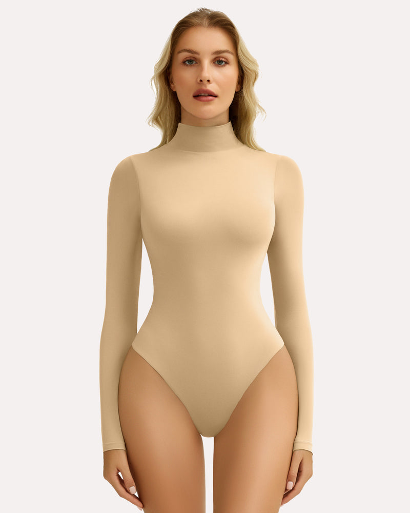 Nude high-neck long sleeve bodysuit shapewear. Smooth, flattering fit