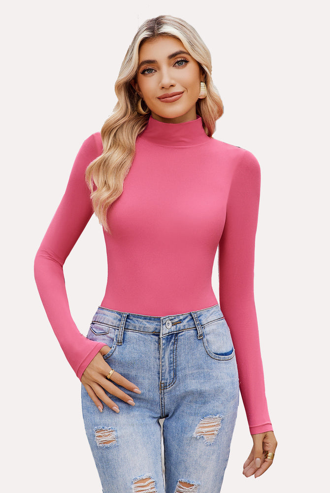 Pink high neck long sleeve bodysuit shapewear, a flattering and stylish outfit.