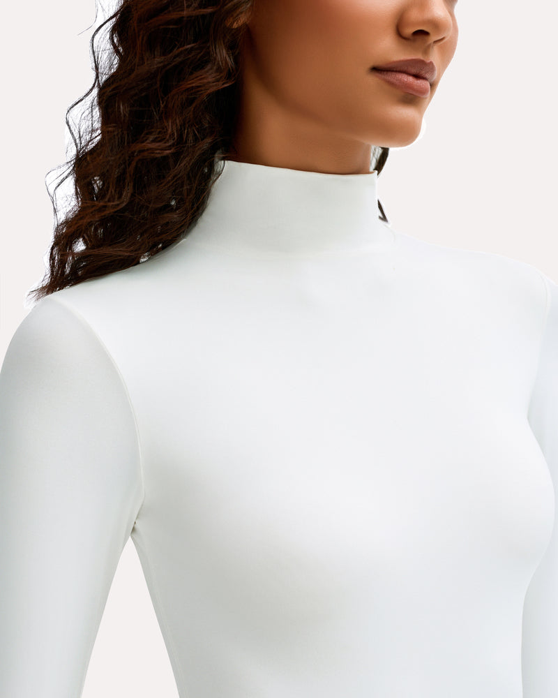 White high neck bodysuit shapewear, offering a smooth, flattering, and comfortable fit.