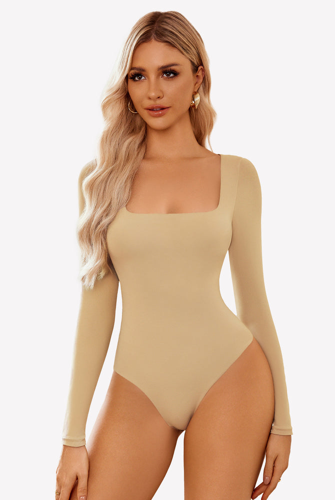 Beige square neck long sleeve bodysuit, stretchy and form-fitting, accentuates bodyline, Avidlove