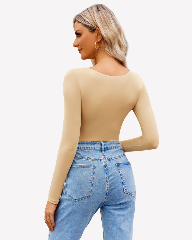 Beige square neck long sleeve bodysuit, form-fitting, shows bodyline, paired with jeans