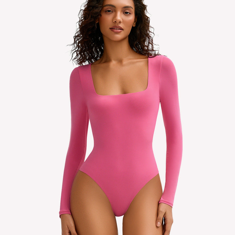 Fuchsia pink square neck long sleeve bodysuit, soft and stretchy, perfect for bodyline