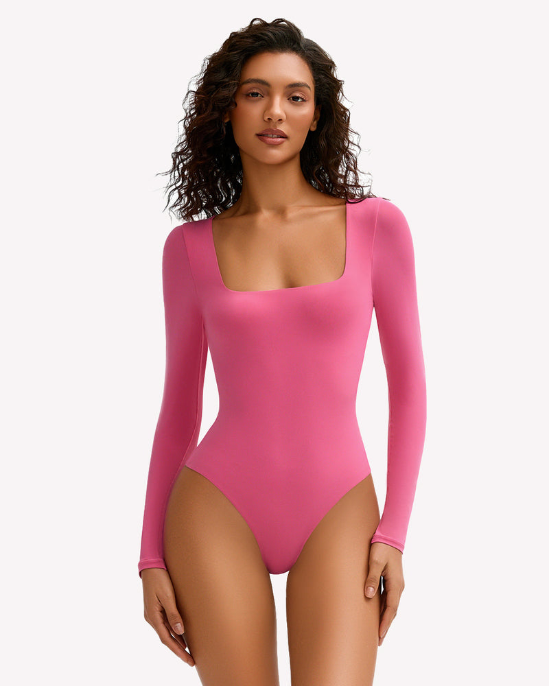 Fuchsia pink square neck long sleeve bodysuit, soft and stretchy, perfect for bodyline