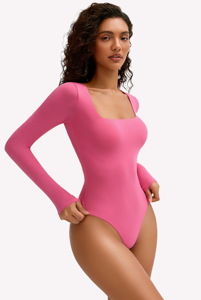 Fuchsia pink square neck long sleeve bodysuit, stretchy and form-fitting, perfectly shows bodyline