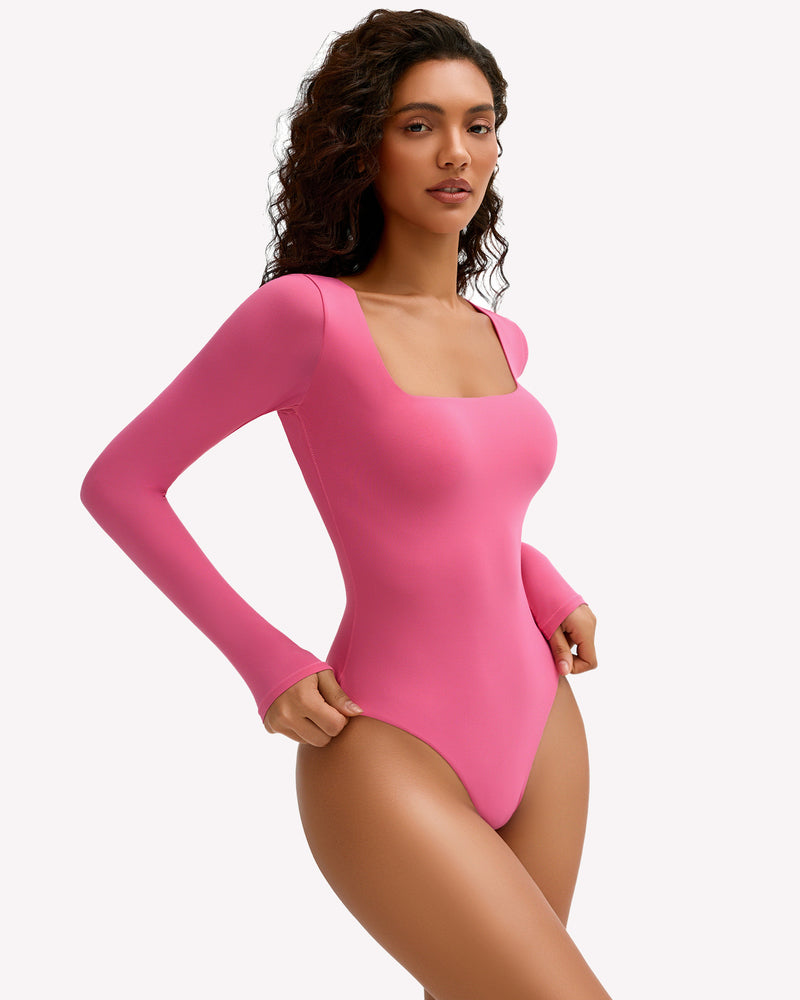 Fuchsia pink square neck long sleeve bodysuit, stretchy and form-fitting, perfectly shows bodyline