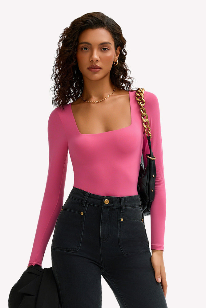 Fuchsia pink square neck bodysuit, stretchy design, shows bodyline. Layering piece.