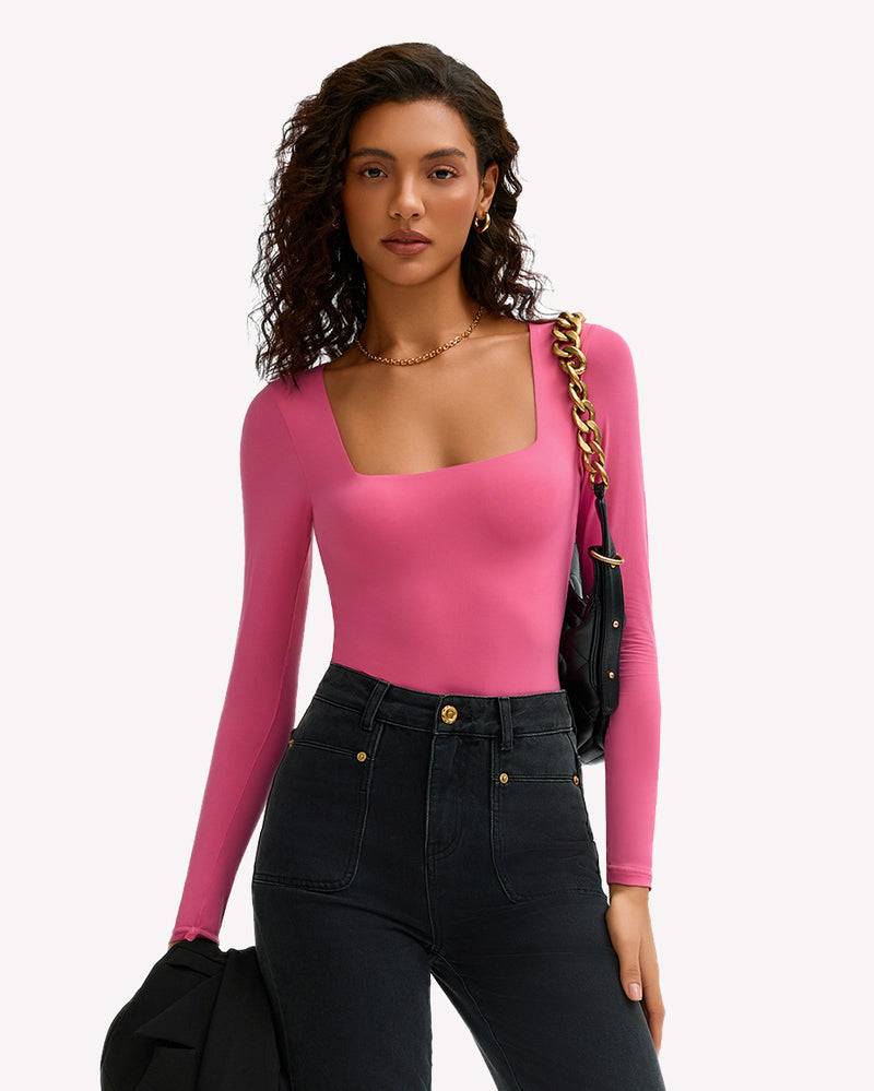 Fuchsia pink square neck bodysuit, stretchy design, shows bodyline. Layering piece.