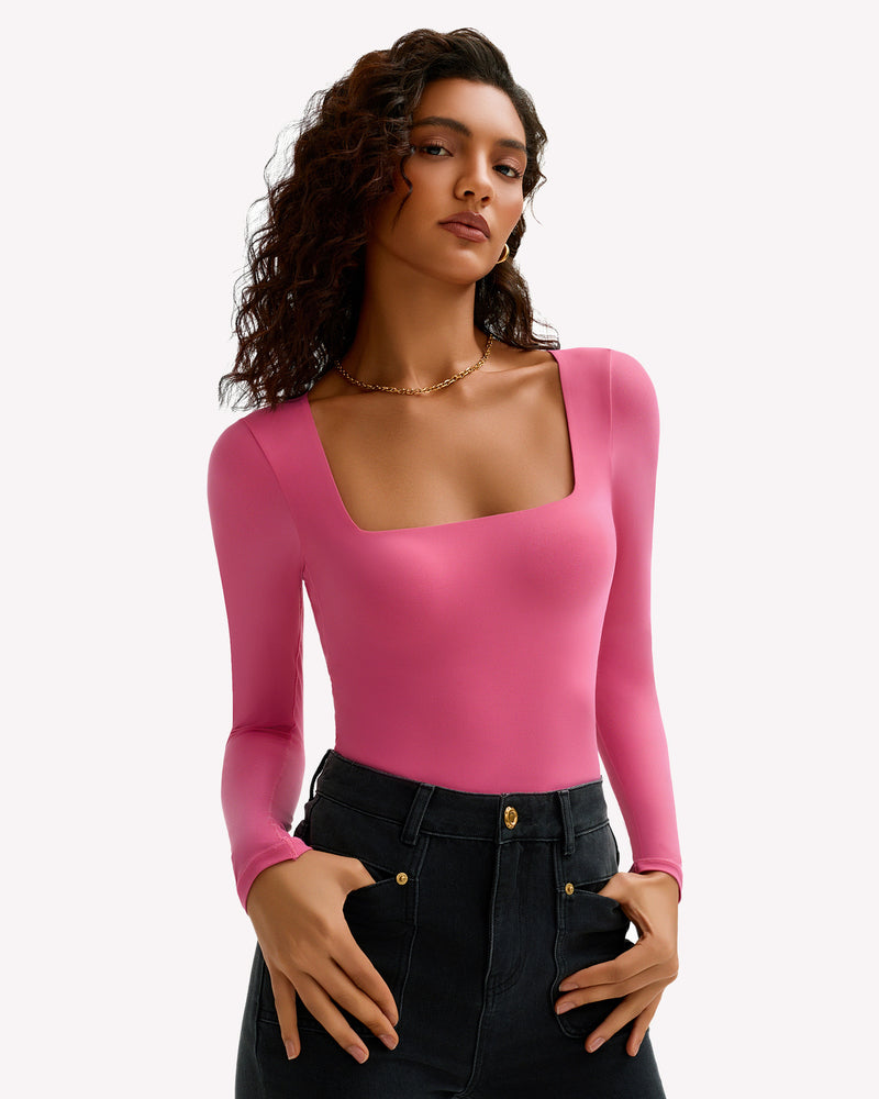 Fuchsia pink square neck long sleeve bodysuit, stretchy and form-fitting, shows bodyline