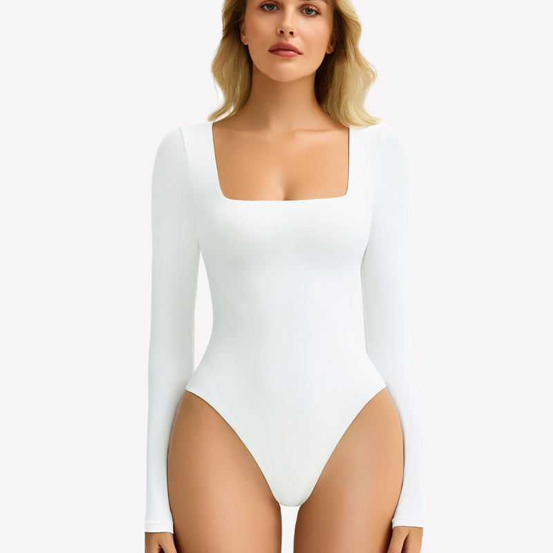 White square neck bodysuit. Long sleeve, form-fitting, shows bodyline. Ultra-stretchy design.