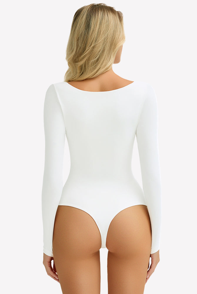 White square neck long sleeve bodysuit, ultra-stretchy design, shows bodyline, from Avidlove.