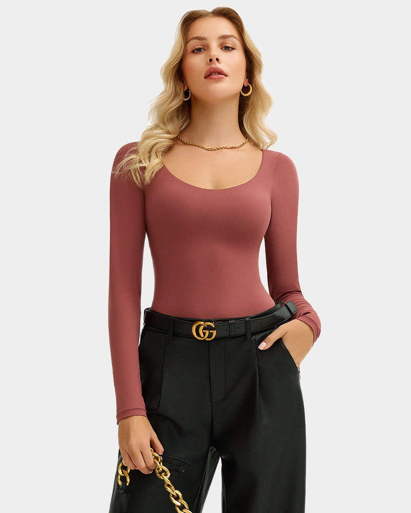 Rose-brown long-sleeve scoop neck bodysuit shapewear, ultra-soft and stretchy, flattering fit