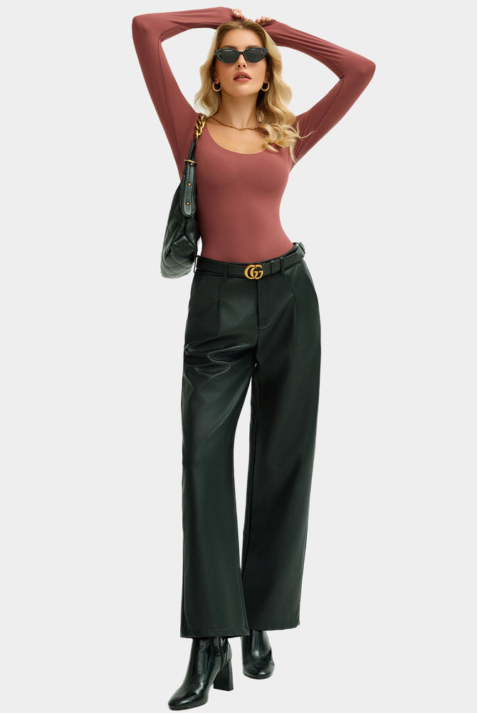 Scoop Neck Bodysuit Shapewear with black leather pants, a perfect going out top