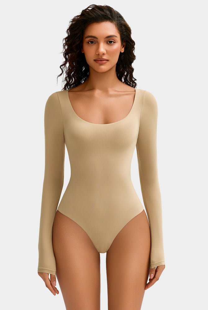 Nude scoop neck bodysuit shapewear for women, long-sleeve, soft and stretchy for a flattering fit