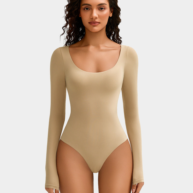 Nude scoop neck bodysuit shapewear for women, long-sleeve, soft and stretchy for a flattering fit