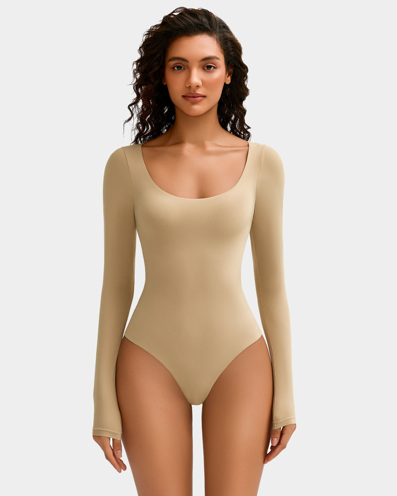 Nude scoop neck bodysuit shapewear for women, long-sleeve, soft and stretchy for a flattering fit