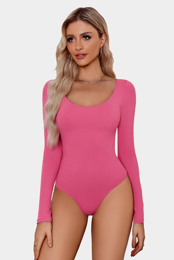 Pink scoop neck bodysuit shapewear, long sleeve, ultra soft, stretchy, flattering fit for women.