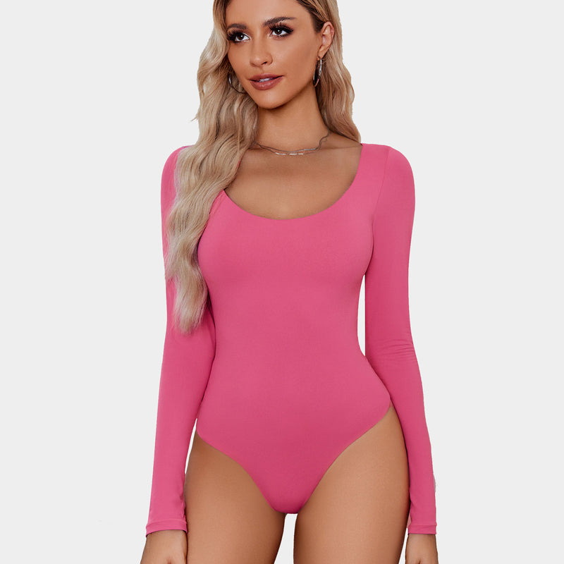 Pink scoop neck bodysuit shapewear, long sleeve, ultra soft, stretchy, flattering fit for women.