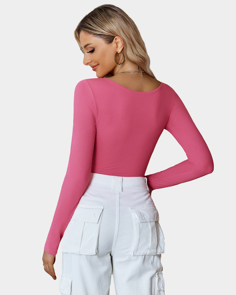 Pink scoop neck bodysuit, long sleeve, flattering fit, paired with white cargo pants, going out top