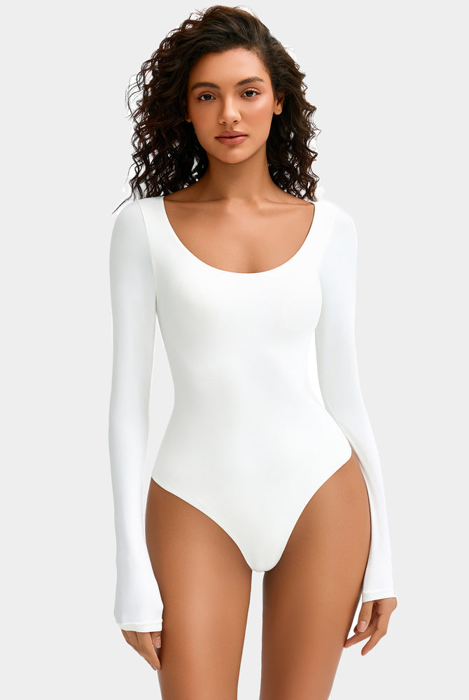 White long sleeve scoop neck bodysuit shapewear, soft and stretchy for a flattering fit