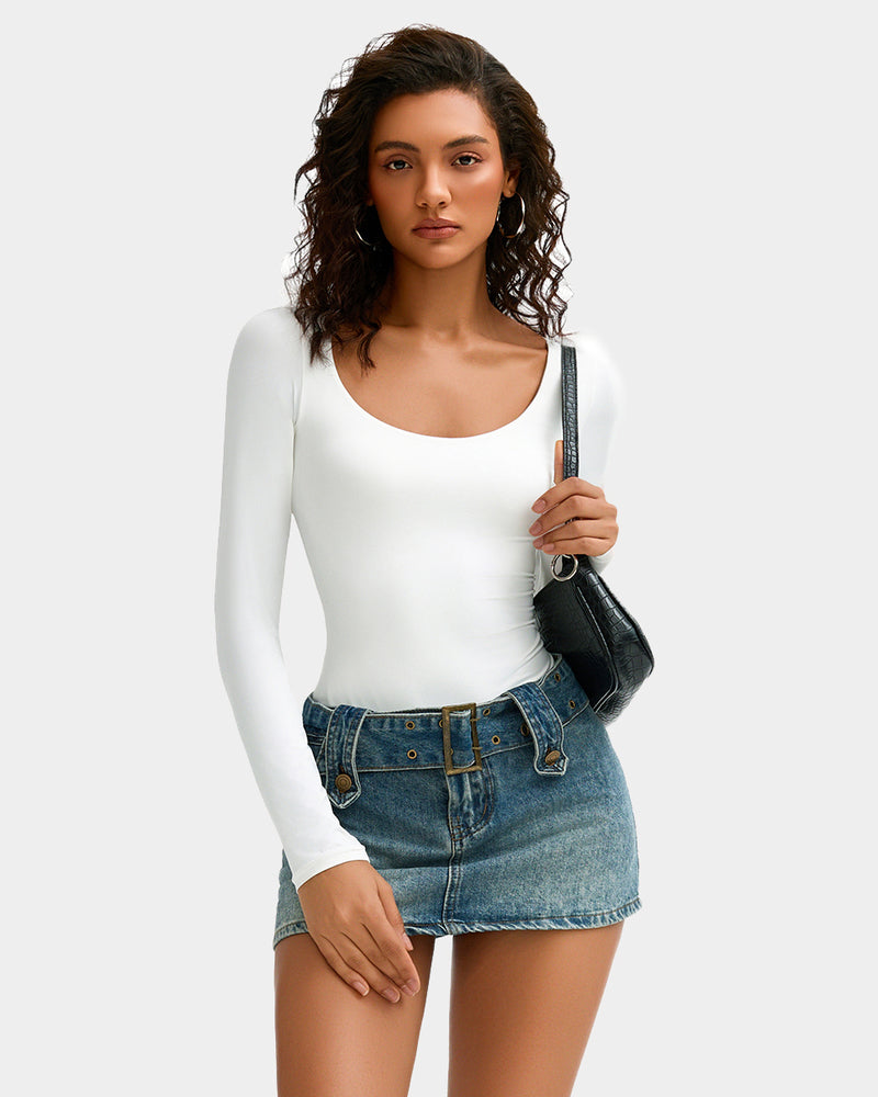 White scoop neck bodysuit shapewear with denim mini skirt, flattering fit, going out top for women