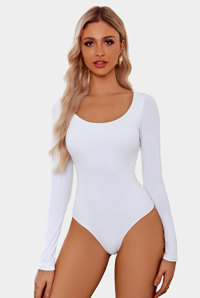 White scoop neck bodysuit shapewear, ultra-soft, stretchy, flattering fit, going out top.